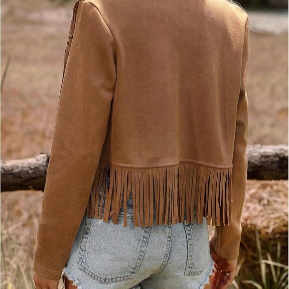 Women's Faux Suede Fringe Trim Long Sleeve Open Front Cardigan Jacket Western Co - Picture 2 of 6